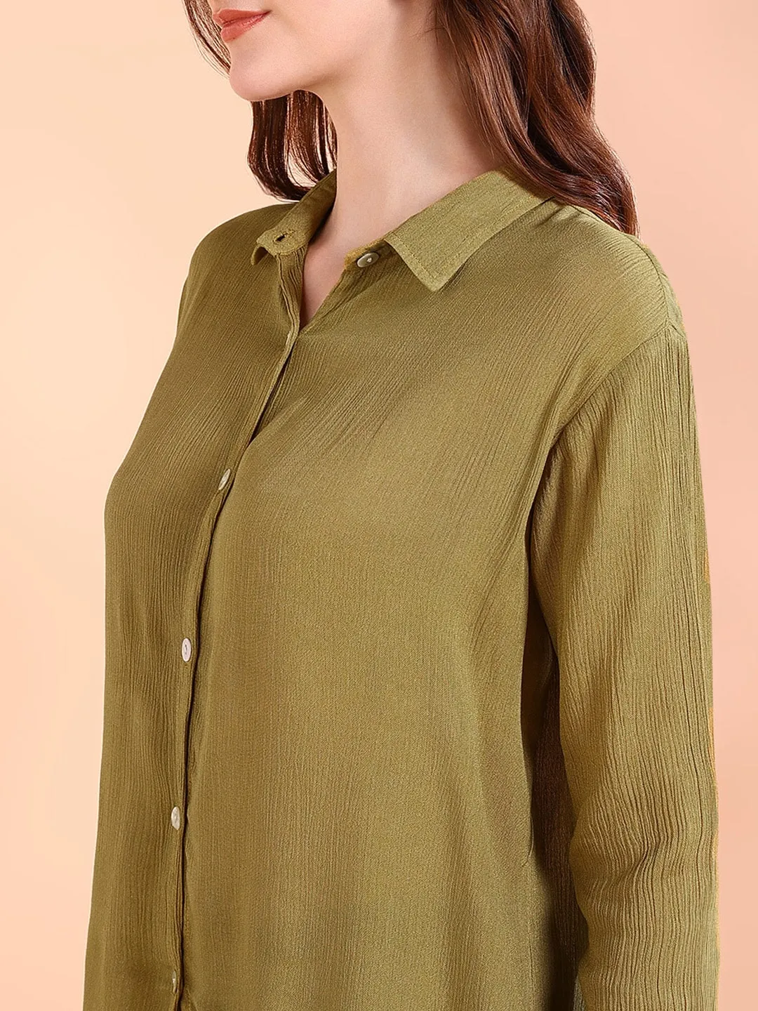 Olive Green Tie-Dye Crepe Loose Fit Shirt