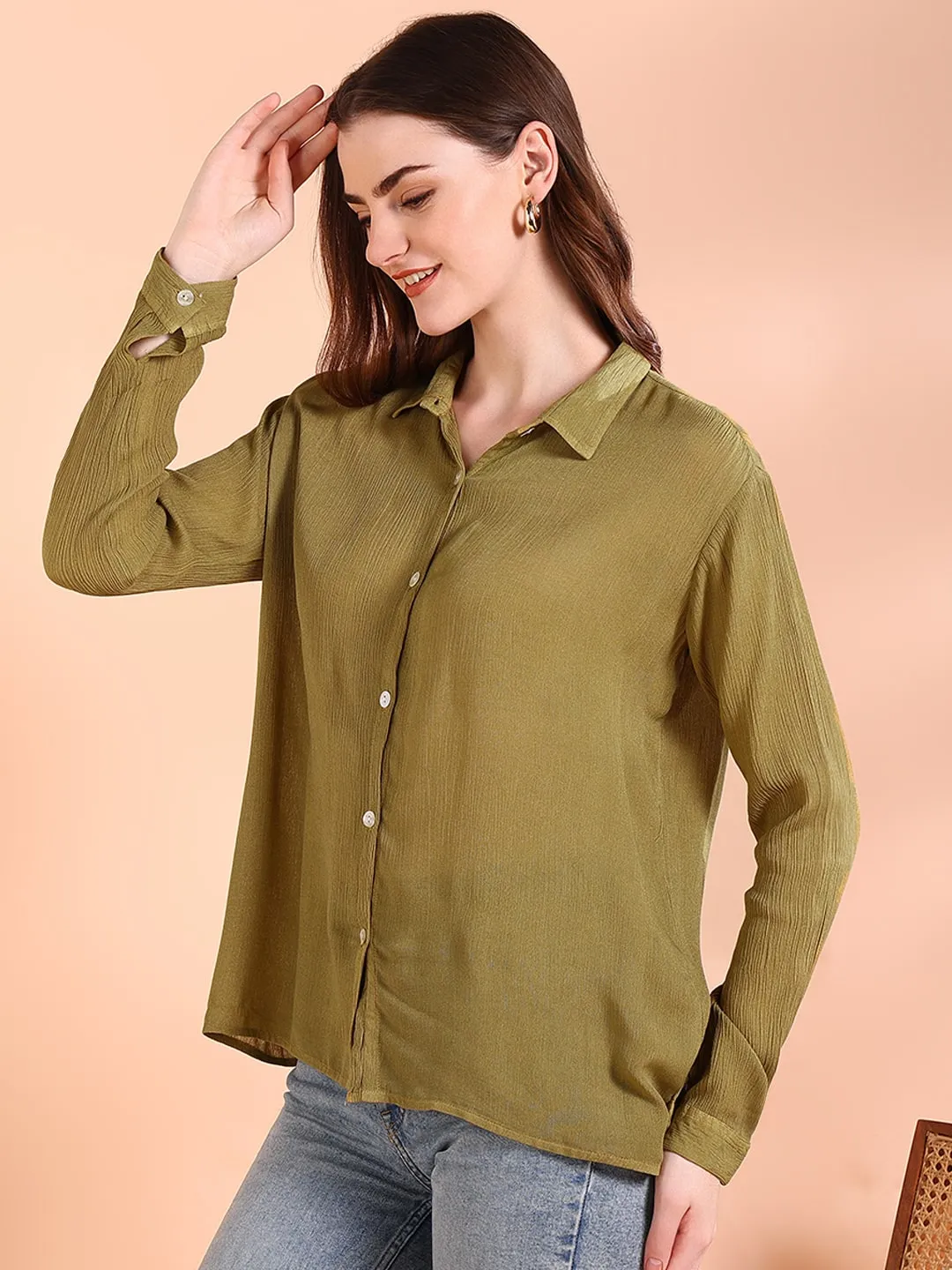 Olive Green Tie-Dye Crepe Loose Fit Shirt