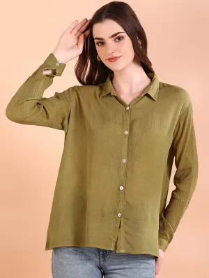 Olive Green Tie-Dye Crepe Loose Fit Shirt