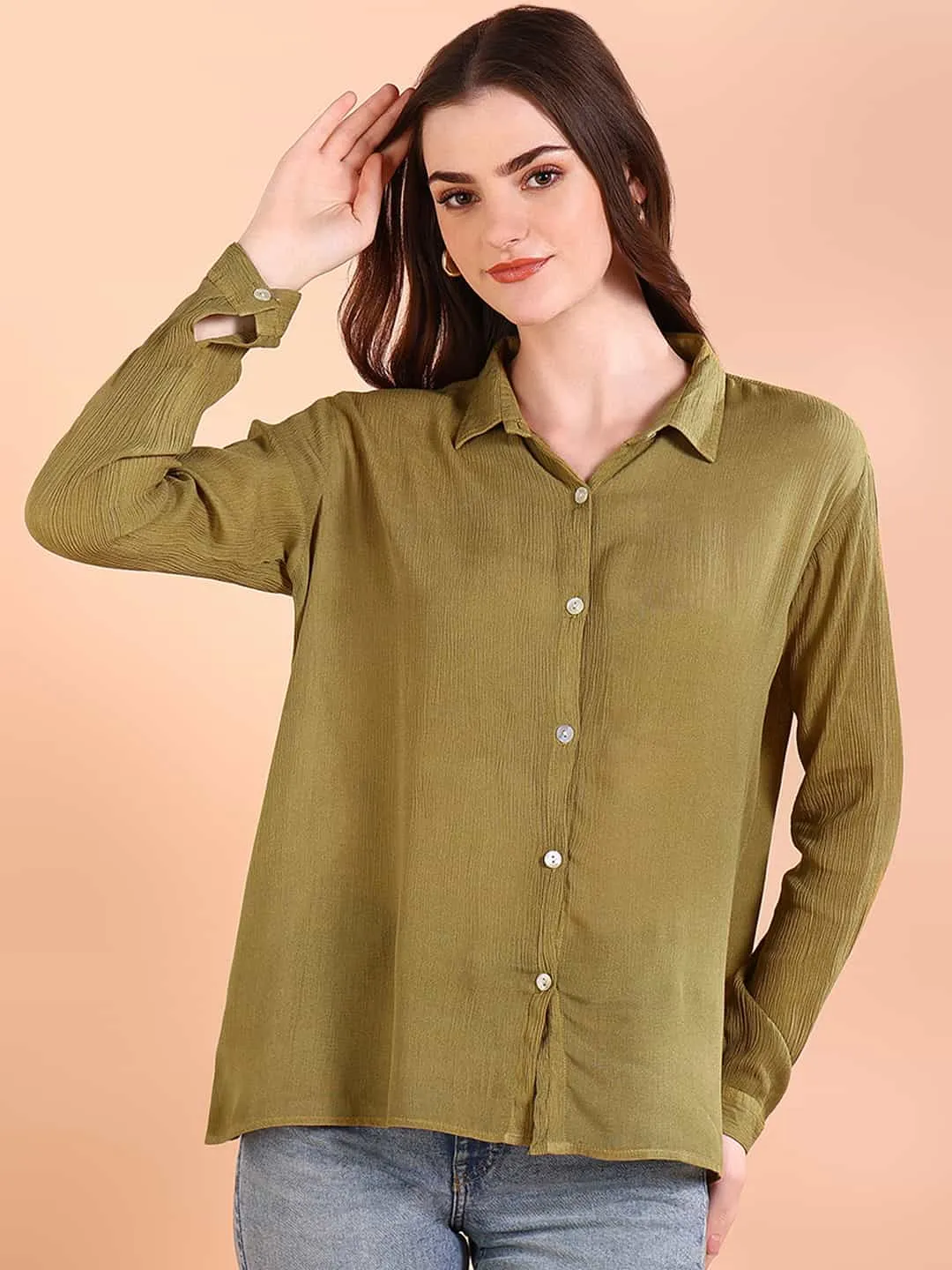 Olive Green Tie-Dye Crepe Loose Fit Shirt