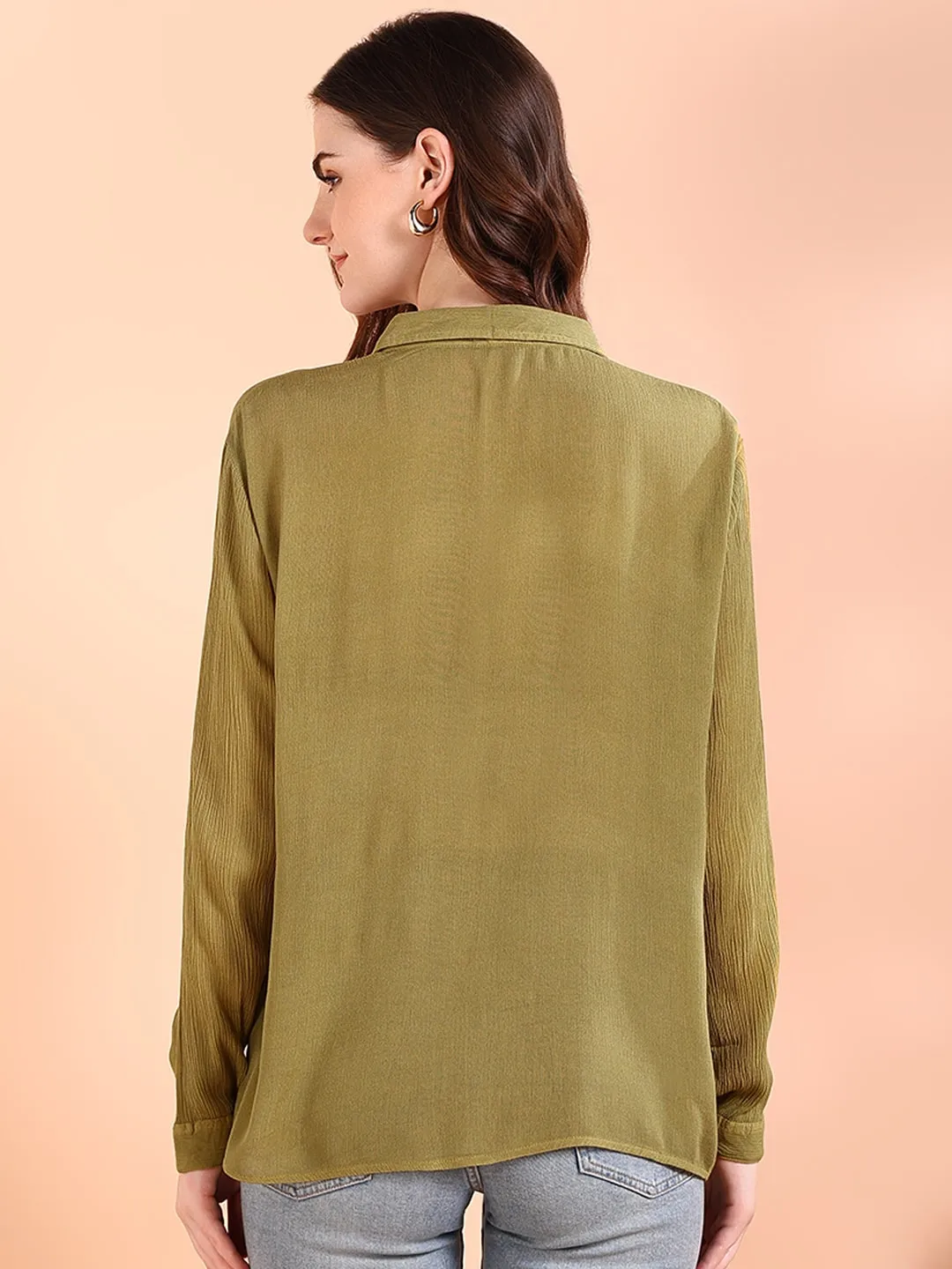 Olive Green Tie-Dye Crepe Loose Fit Shirt