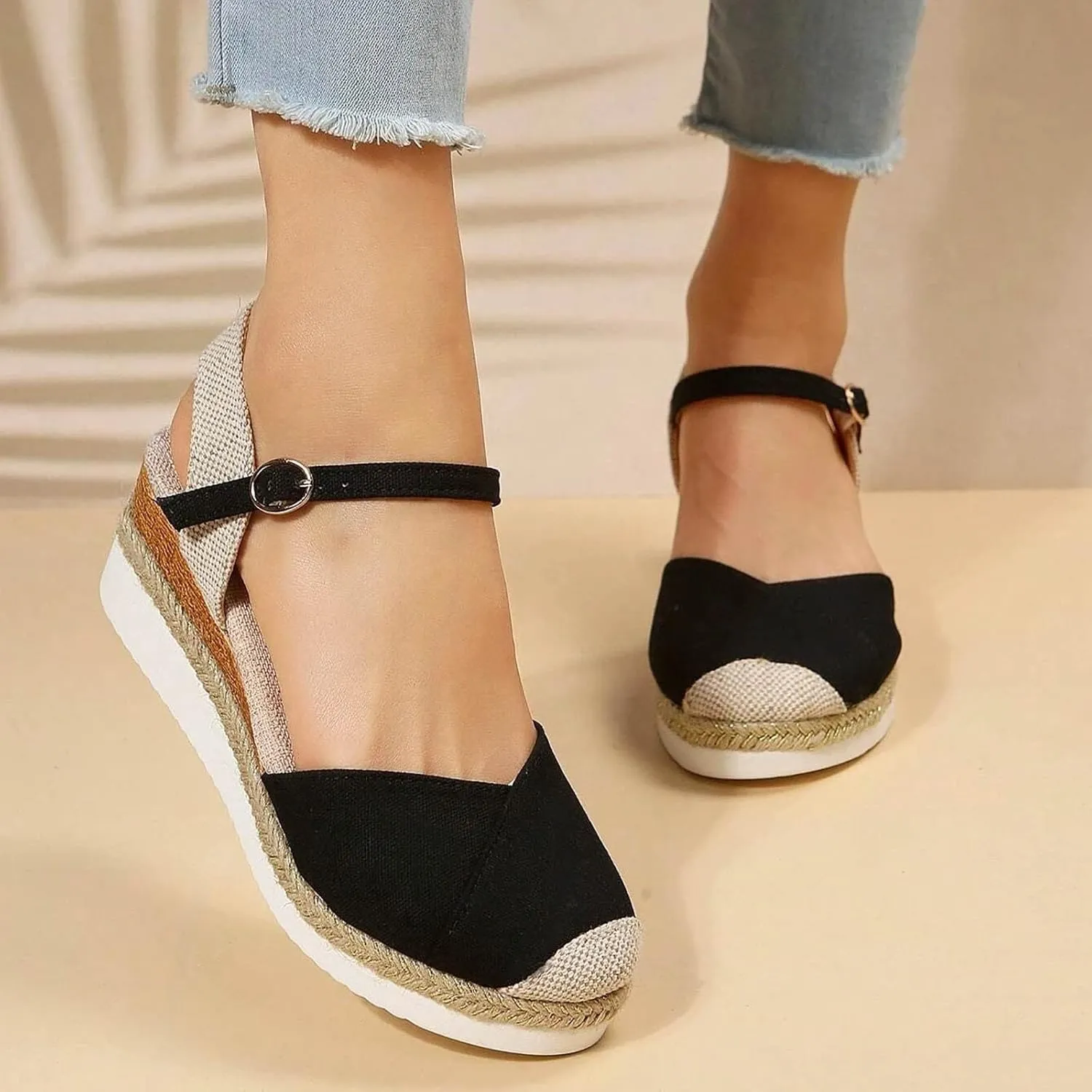 Orthopedic Platform Wedge Sandals for Women Summer Dressy,Arch Support Closed Toe Buckle Ankle Strap Espadrilles Wedge Comfortable Outdoor Shoes Strappy Slip on Sandals Beach Boho Shoes