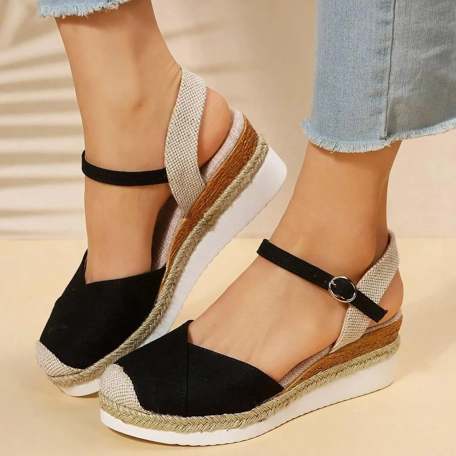 Orthopedic Platform Wedge Sandals for Women Summer Dressy,Arch Support Closed Toe Buckle Ankle Strap Espadrilles Wedge Comfortable Outdoor Shoes Strappy Slip on Sandals Beach Boho Shoes