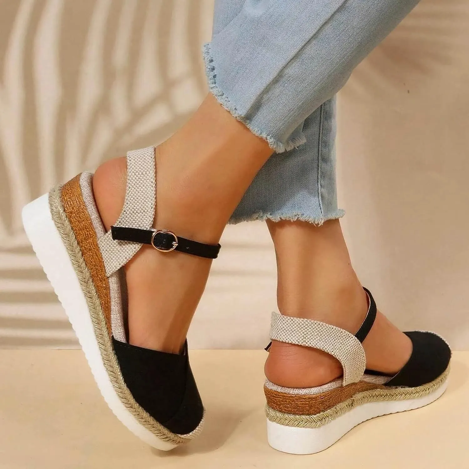 Orthopedic Platform Wedge Sandals for Women Summer Dressy,Arch Support Closed Toe Buckle Ankle Strap Espadrilles Wedge Comfortable Outdoor Shoes Strappy Slip on Sandals Beach Boho Shoes