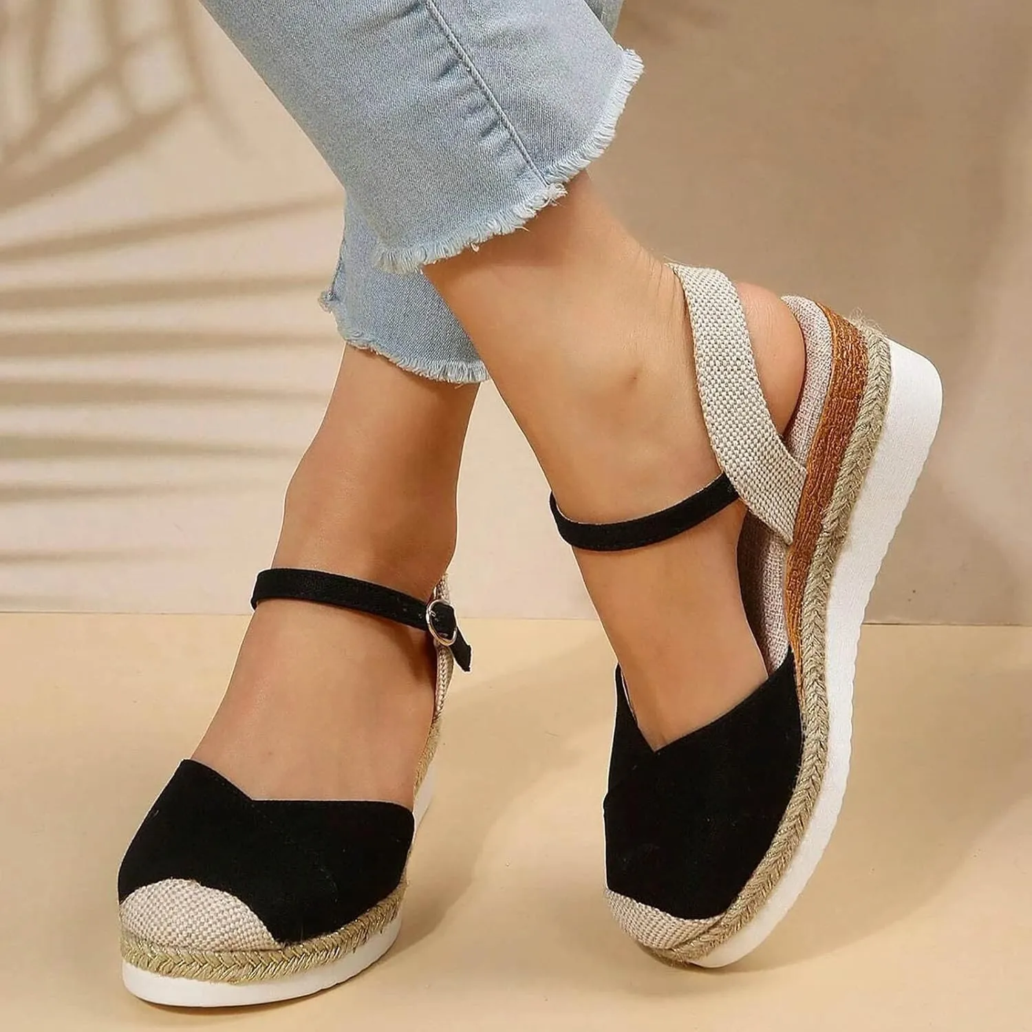 Orthopedic Platform Wedge Sandals for Women Summer Dressy,Arch Support Closed Toe Buckle Ankle Strap Espadrilles Wedge Comfortable Outdoor Shoes Strappy Slip on Sandals Beach Boho Shoes