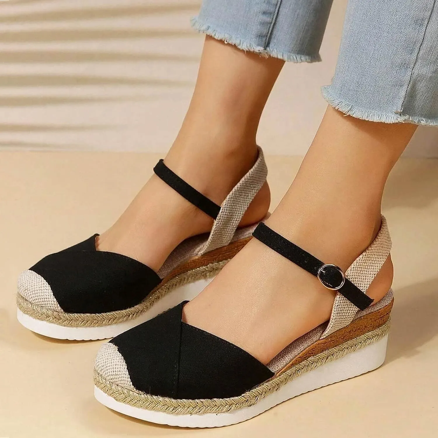 Orthopedic Platform Wedge Sandals for Women Summer Dressy,Arch Support Closed Toe Buckle Ankle Strap Espadrilles Wedge Comfortable Outdoor Shoes Strappy Slip on Sandals Beach Boho Shoes