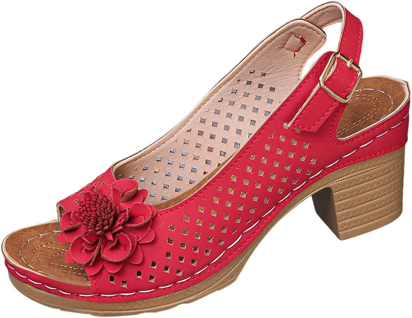 Orthopedic Sandals for Women Slides Non Slip Beach Wedge Heel Slippers Trendy Elegant Flowers Hollow Out Low Heel Sandal Open Toe Casual Shoe with Adjustable Buckle Straps