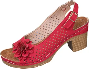 Orthopedic Sandals for Women Slides Non Slip Beach Wedge Heel Slippers Trendy Elegant Flowers Hollow Out Low Heel Sandal Open Toe Casual Shoe with Adjustable Buckle Straps