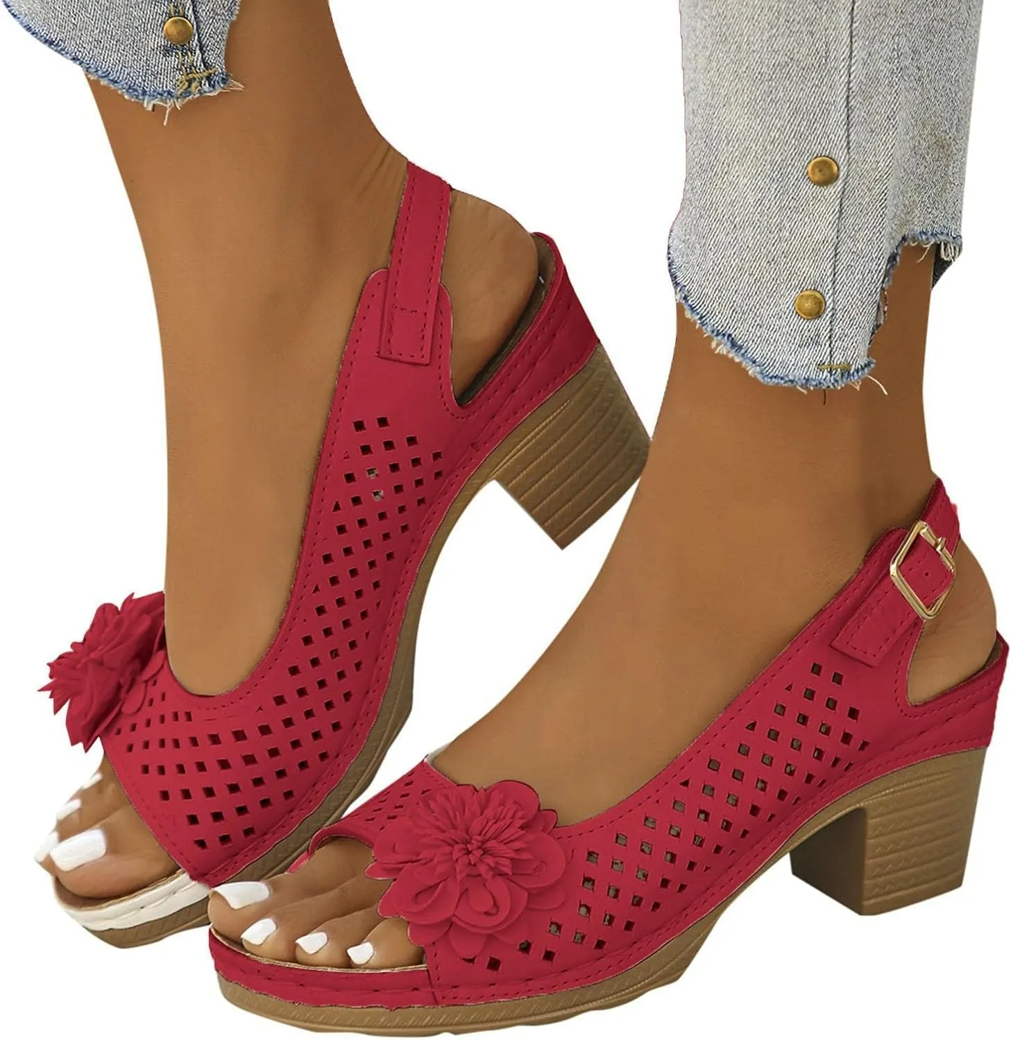 Orthopedic Sandals for Women Slides Non Slip Beach Wedge Heel Slippers Trendy Elegant Flowers Hollow Out Low Heel Sandal Open Toe Casual Shoe with Adjustable Buckle Straps