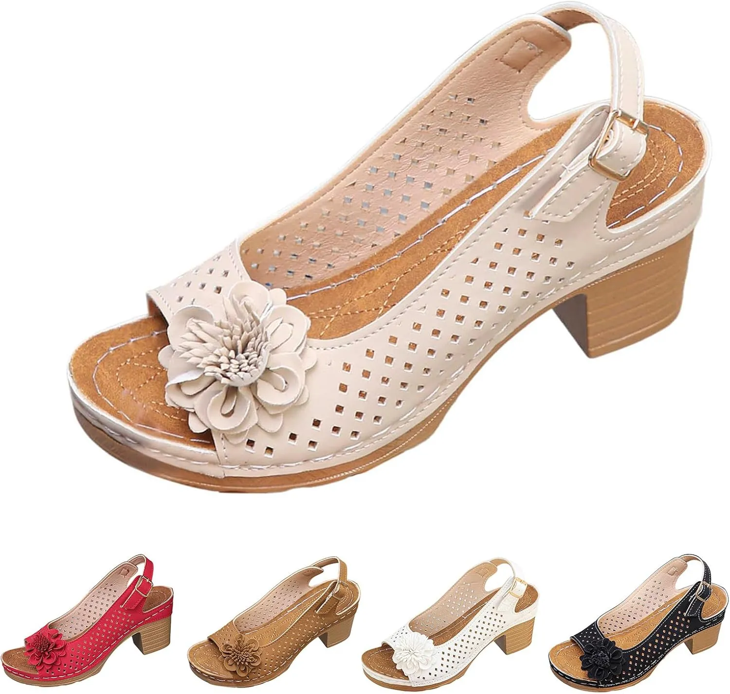 Orthopedic Sandals for Women Slides Non Slip Beach Wedge Heel Slippers Trendy Elegant Flowers Hollow Out Low Heel Sandal Open Toe Casual Shoe with Adjustable Buckle Straps