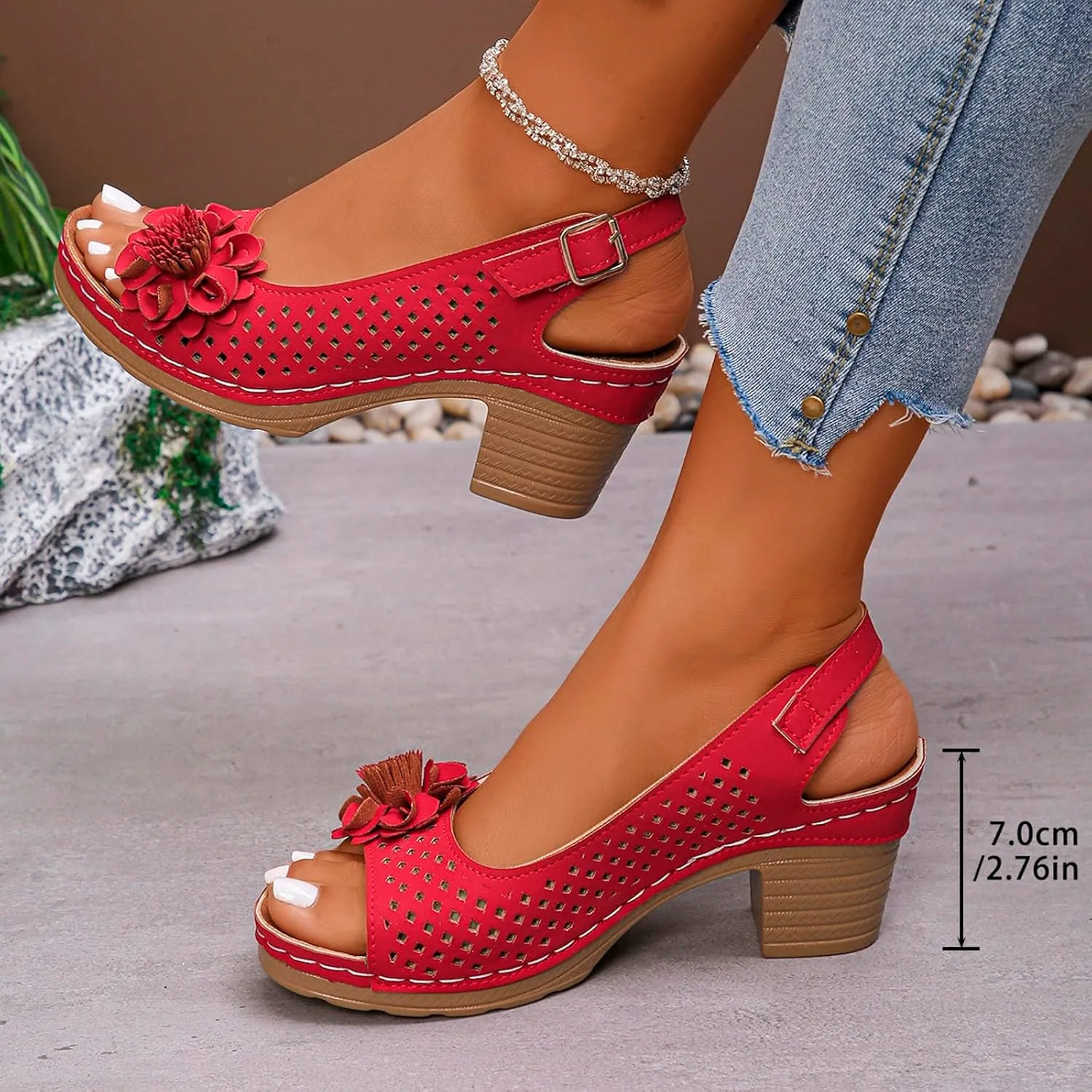 Orthopedic Sandals for Women Slides Non Slip Beach Wedge Heel Slippers Trendy Elegant Flowers Hollow Out Low Heel Sandal Open Toe Casual Shoe with Adjustable Buckle Straps