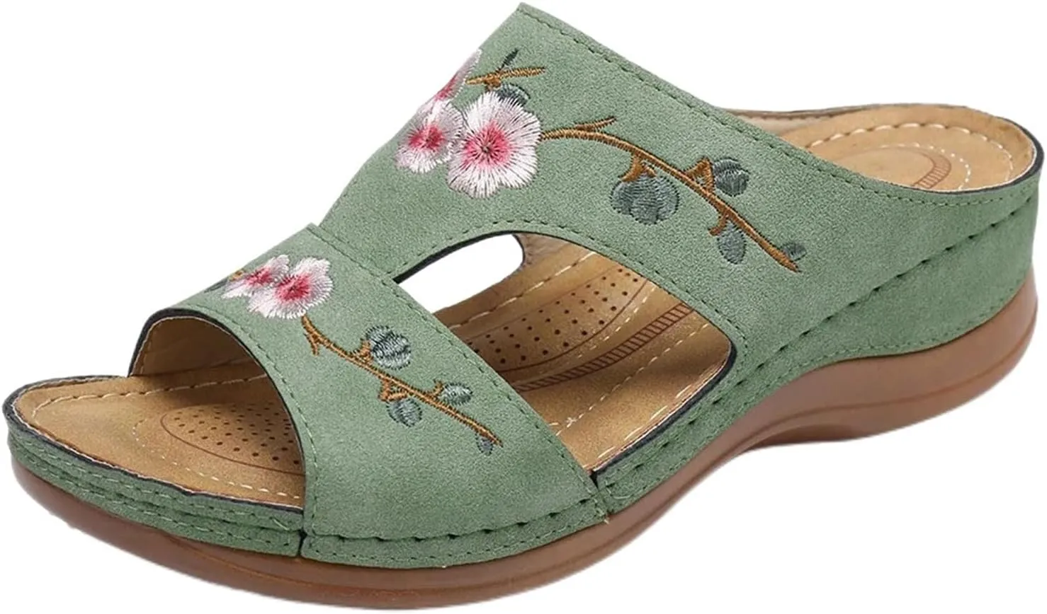 Orthopedic Slippers for Women Embroidery Leather Vamp Non Slip Shoes Wide Width Open Toe Shoes Arch Support Orthotic Slides Slippers Beach Vacation Summer Flat