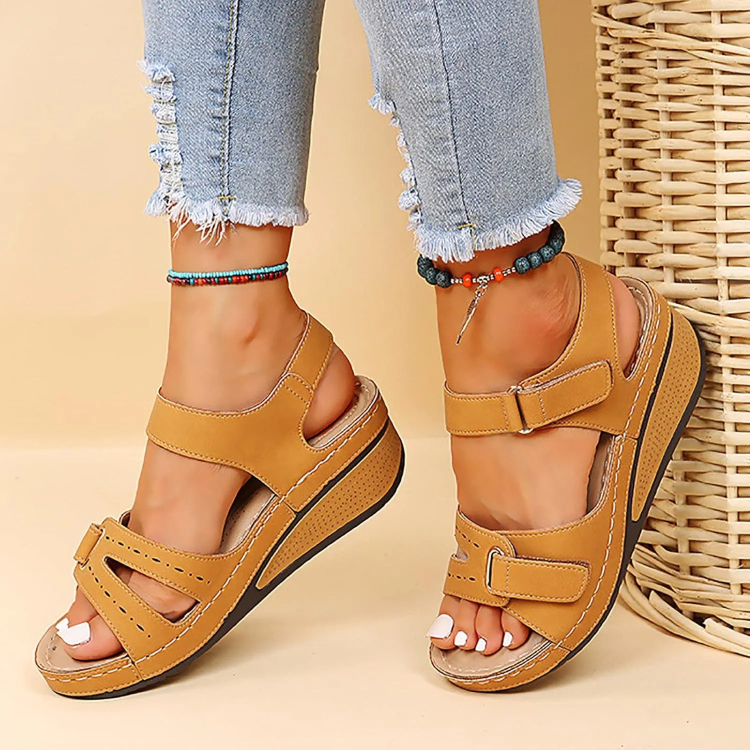Orthopedic Wedge Sandals for Women Summer Dressy, Open Toe Ankle Strap Platform Sandals Casual Strappy Low Wedges Sandals Zipper Summer Beach Sandals Dress Shoes Comfortable Outdoor Shoes