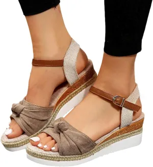 Orthopedic Wedge Sandals for Women Summer Dressy,Mid Heel Espadrilles Wedge Platform Sandals Strappy Low Wedges Slip on Sandals Beach Dress Fashion Shoes Comfortable Outdoor Shoes (5-Khaki, 9)