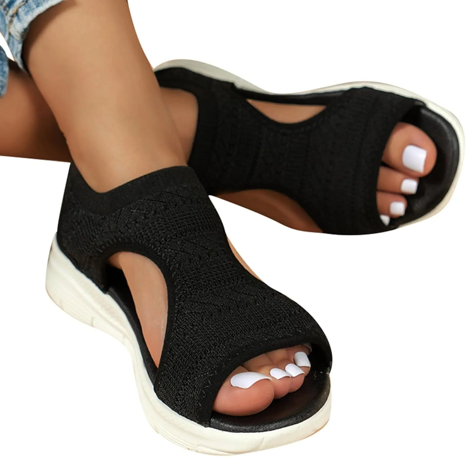 Orthopedic Wedge Sandals for Women with Arch Support 2025 Summer Elastic Mesh Open Toe Solid Patriotic Sandals for Women Comfortable Summer Outdoor Fashionable Slippers