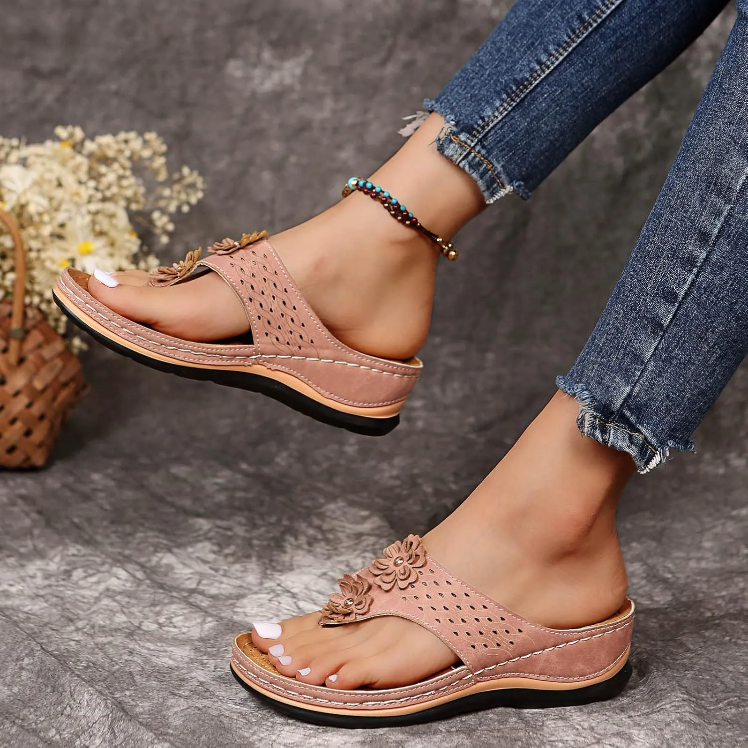Orthopedic Wedge Sandals for Women with Arch Support Flip Flops Summer Dressy,Women Flat Open Toe Wedge Sandals Casual Slip on Sandals Beach Boho Platform Sandals Comfortable Outdoor Shoes (9.5)