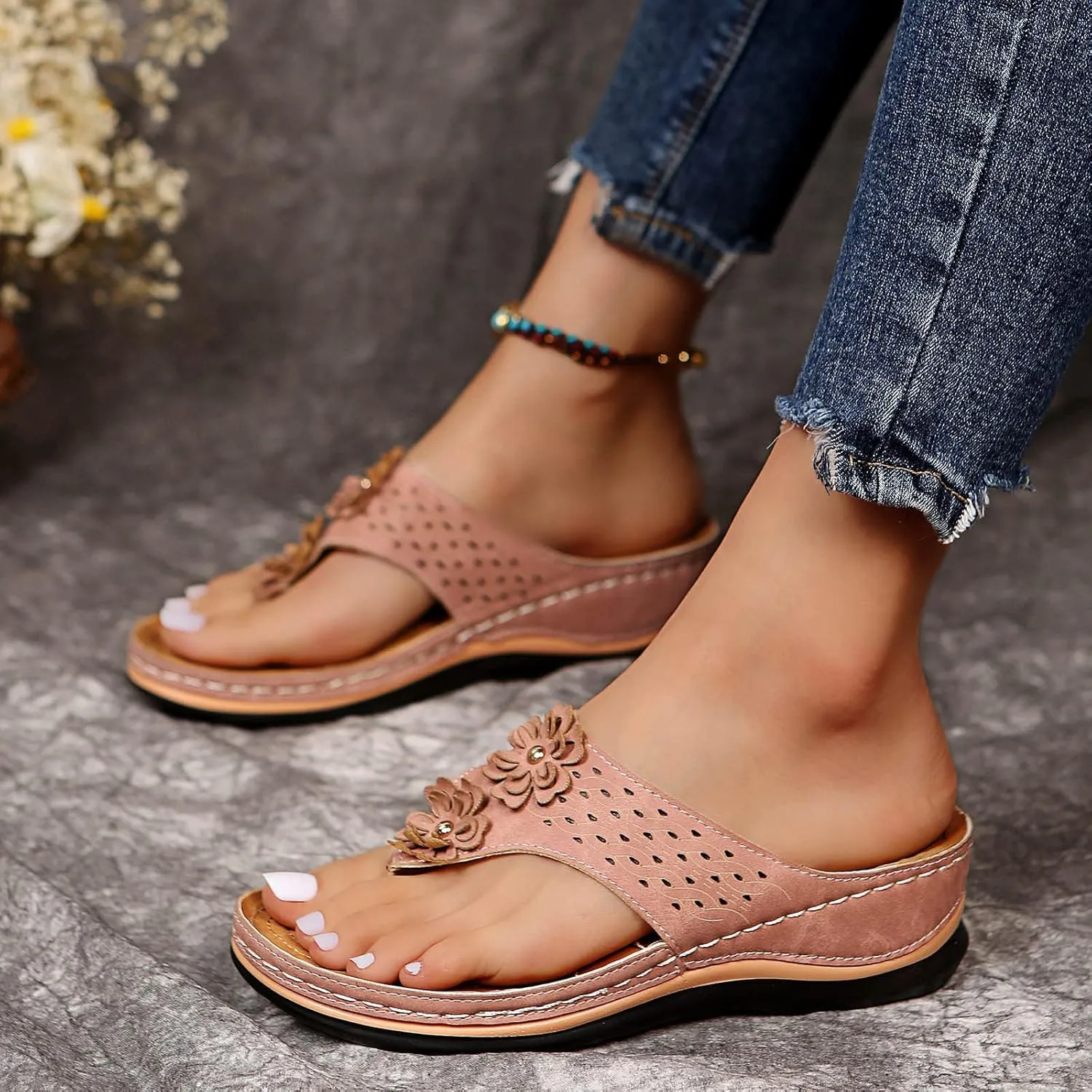 Orthopedic Wedge Sandals for Women with Arch Support Flip Flops Summer Dressy,Women Flat Open Toe Wedge Sandals Casual Slip on Sandals Beach Boho Platform Sandals Comfortable Outdoor Shoes (9.5)