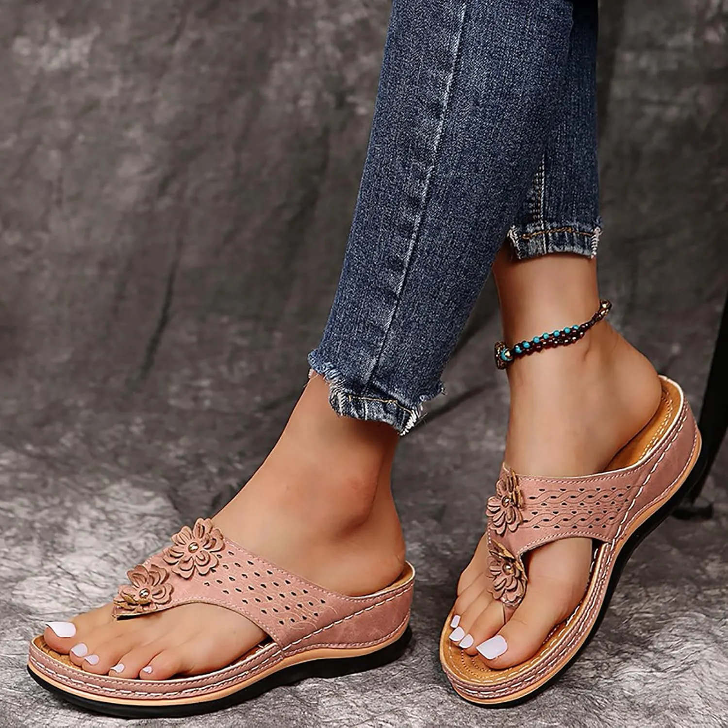 Orthopedic Wedge Sandals for Women with Arch Support Flip Flops Summer Dressy,Women Flat Open Toe Wedge Sandals Casual Slip on Sandals Beach Boho Platform Sandals Comfortable Outdoor Shoes (9.5)