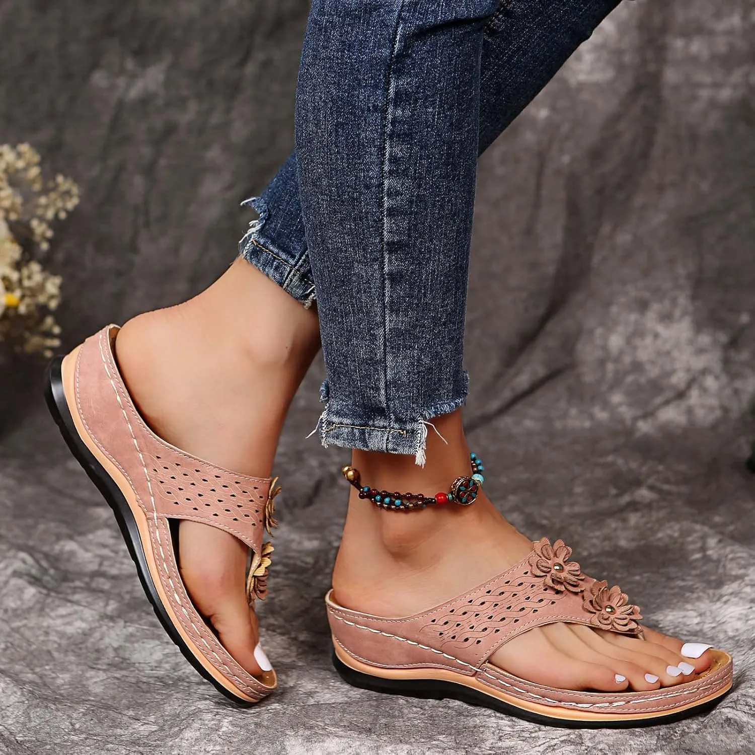 Orthopedic Wedge Sandals for Women with Arch Support Flip Flops Summer Dressy,Women Flat Open Toe Wedge Sandals Casual Slip on Sandals Beach Boho Platform Sandals Comfortable Outdoor Shoes (9.5)