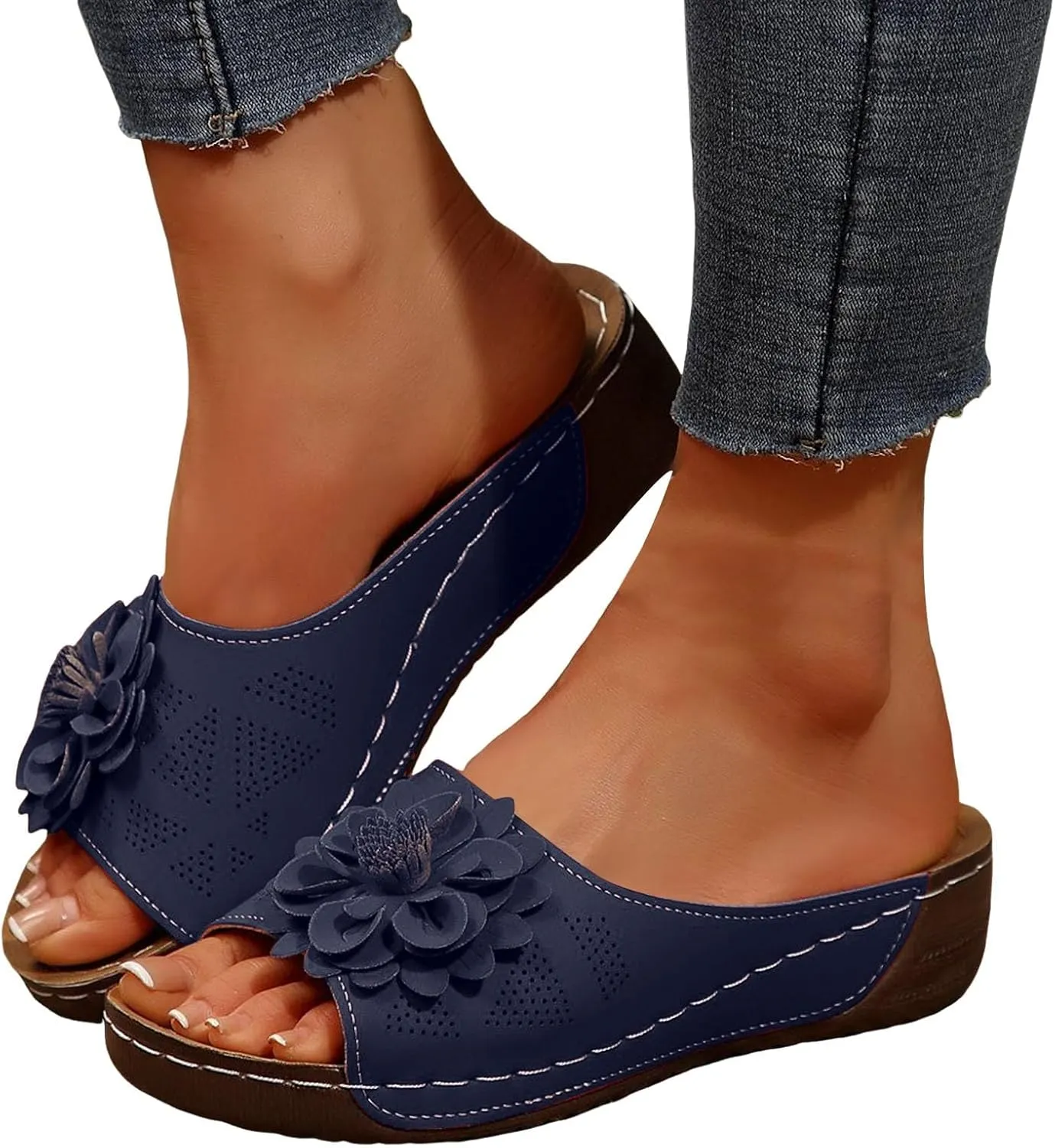 Orthopedic Wedges Sandals for Women With Arch Support, Fish Mouth Open Toe Leather Chic Flowers Slippers Wedge Platform Sandals Summer Beach Boho Slip on Sandals