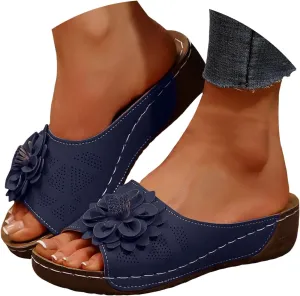 Orthopedic Wedges Sandals for Women With Arch Support, Fish Mouth Open Toe Leather Chic Flowers Slippers Wedge Platform Sandals Summer Beach Boho Slip on Sandals