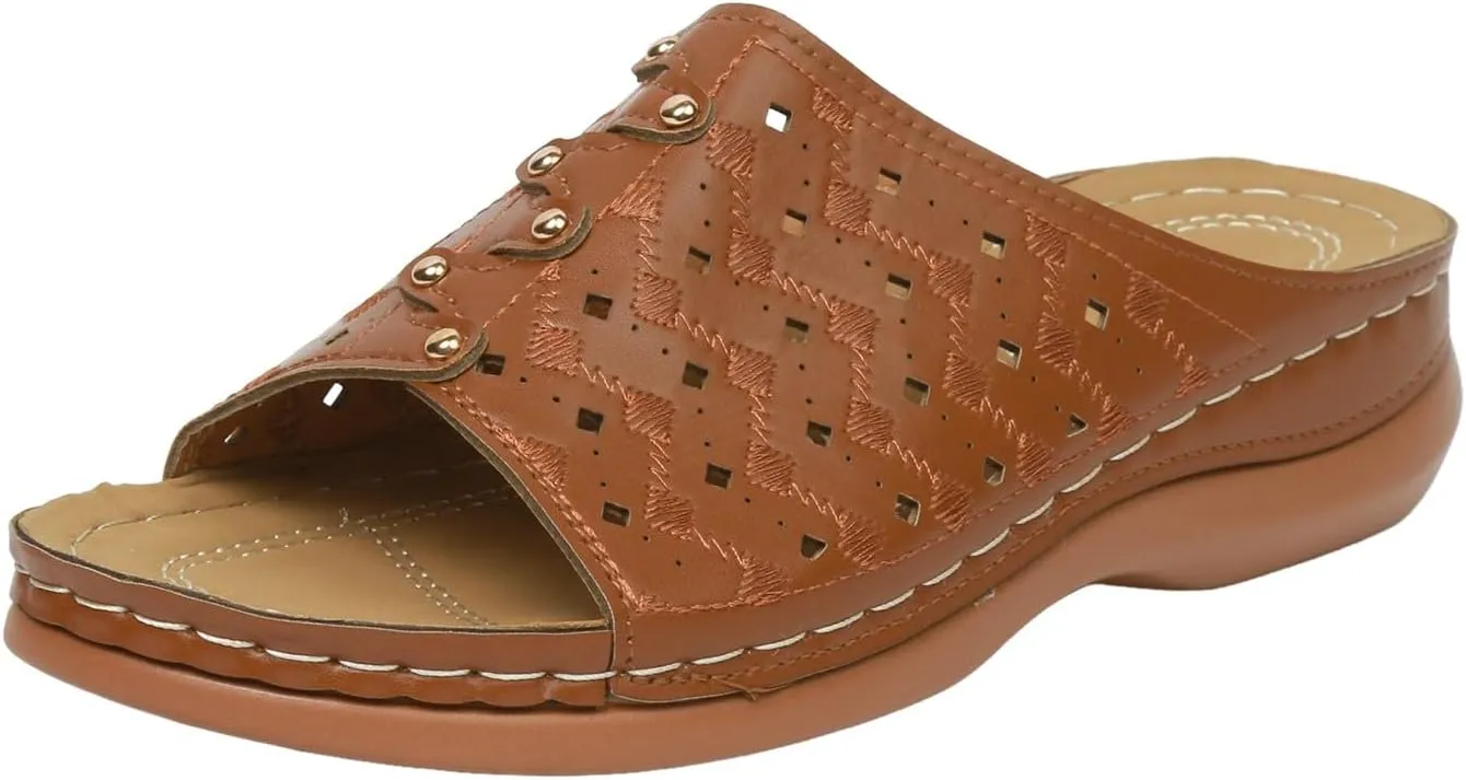 Orthowalkway Womens Sandals Summer Wedge Sandals Leather Rubber Sole Orthopedic Slides Casual Slip On Beach Shoes