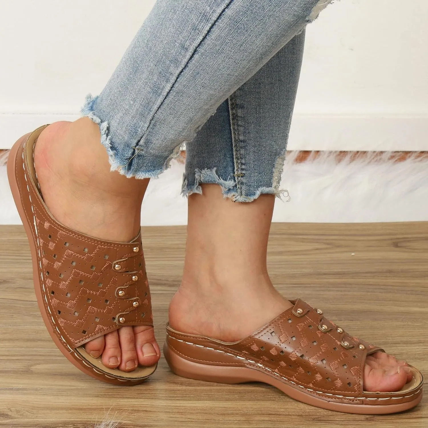Orthowalkway Womens Sandals Summer Wedge Sandals Leather Rubber Sole Orthopedic Slides Casual Slip On Beach Shoes