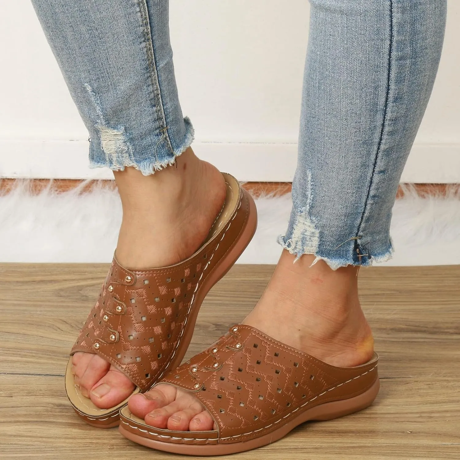 Orthowalkway Womens Sandals Summer Wedge Sandals Leather Rubber Sole Orthopedic Slides Casual Slip On Beach Shoes