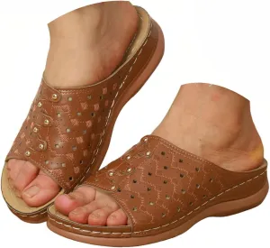 Orthowalkway Womens Sandals Summer Wedge Sandals Leather Rubber Sole Orthopedic Slides Casual Slip On Beach Shoes