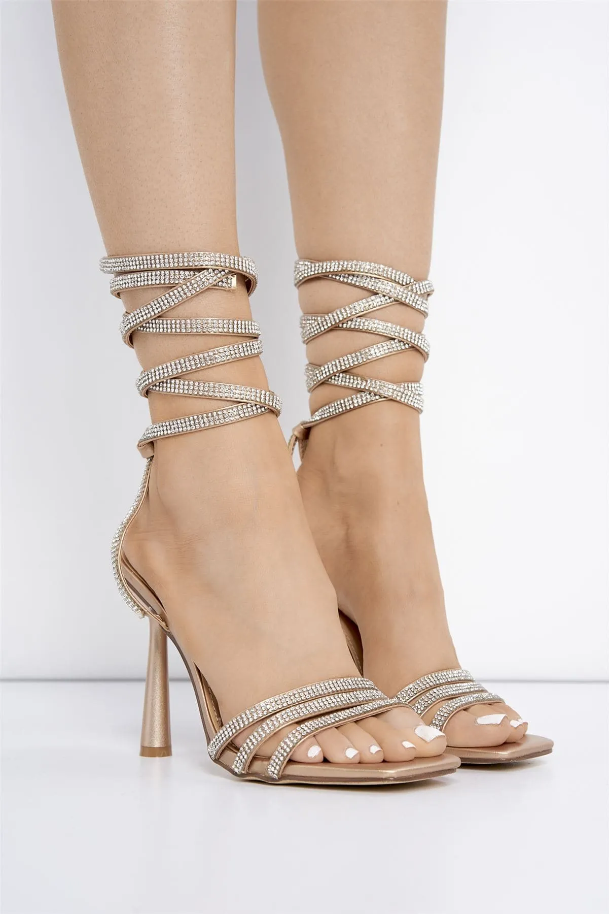 Piper Lace Up Diamante Heel in Rose Gold