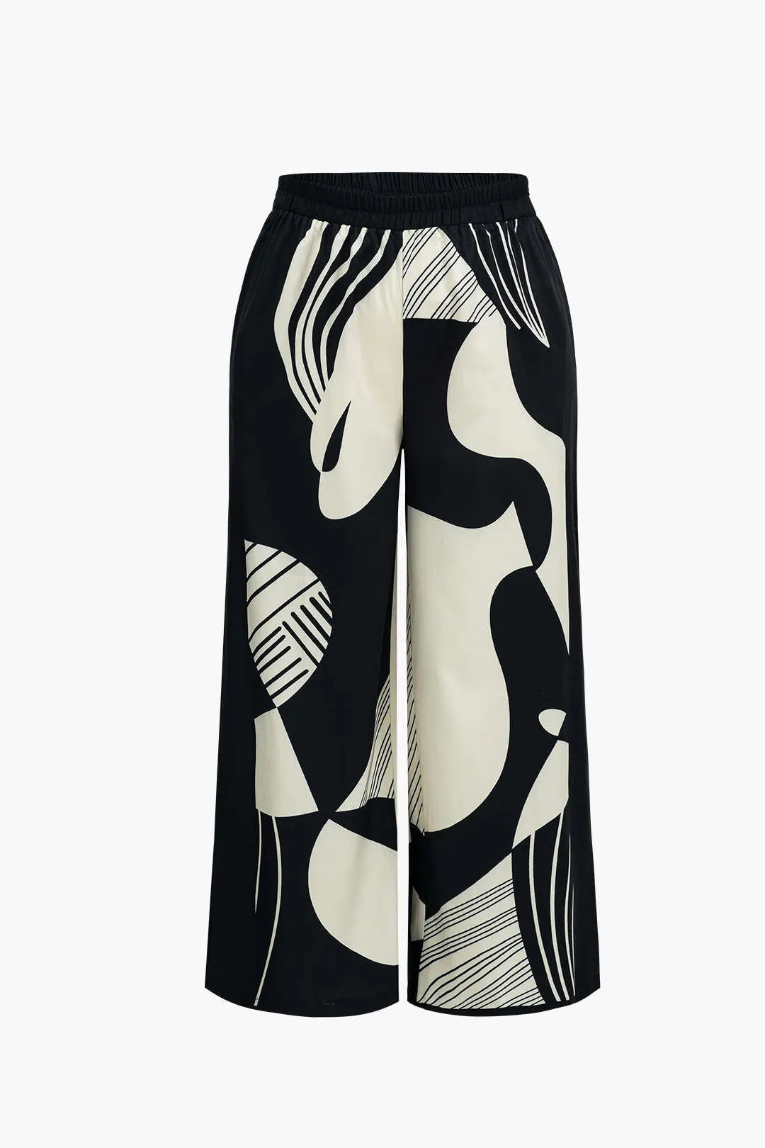 Plus Size Graffiti Print Button Trousers Set – Black and White