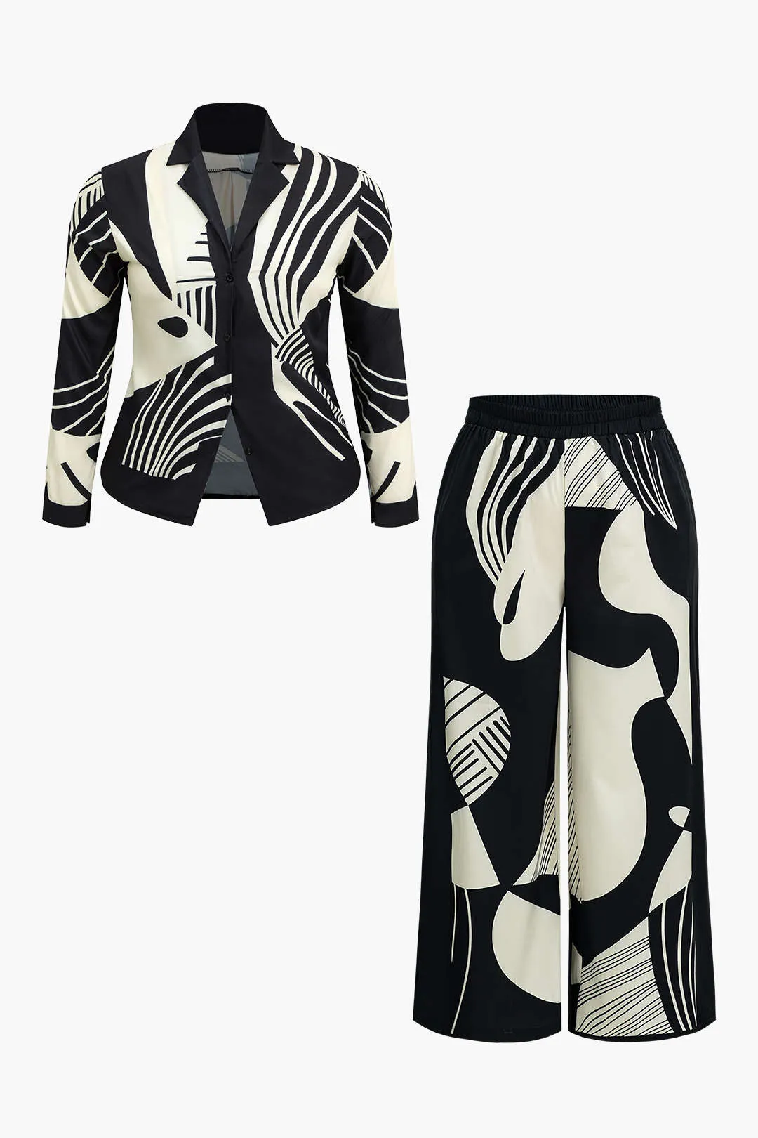 Plus Size Graffiti Print Button Trousers Set – Black and White