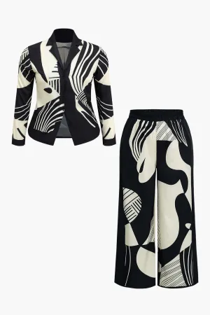 Plus Size Graffiti Print Button Trousers Set – Black and White