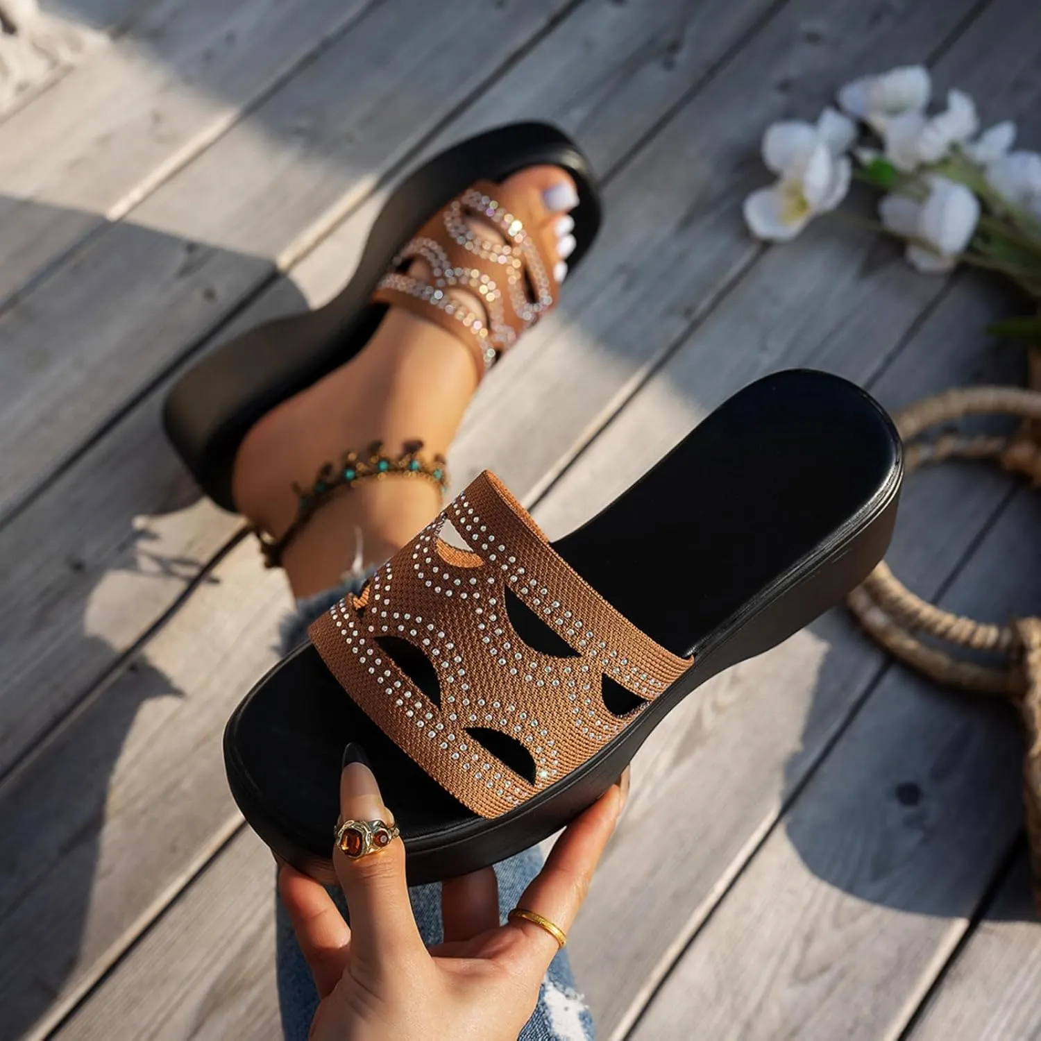 Sandals for Women Platform Wedge Sandals Summer Beach Slip On Open Toe High Heel Sandal Sparkly Bling Shoes 2025