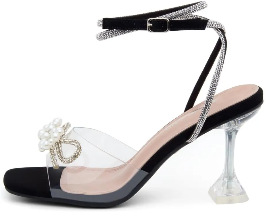 Shoe Land Womens Clear Rhinestone Bow Heels  Double Bowknot & Adjustable Ankle Strap | Crystal Stiletto High Heels with Square Open Toe for Wedding & Party