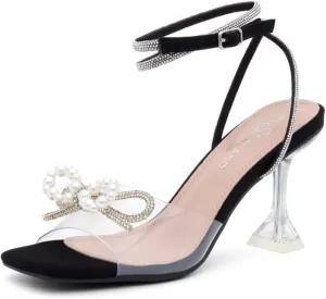 Shoe Land Womens Clear Rhinestone Bow Heels  Double Bowknot & Adjustable Ankle Strap | Crystal Stiletto High Heels with Square Open Toe for Wedding & Party