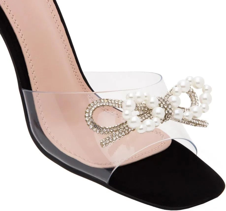 Shoe Land Womens Clear Rhinestone Bow Heels  Double Bowknot & Adjustable Ankle Strap | Crystal Stiletto High Heels with Square Open Toe for Wedding & Party