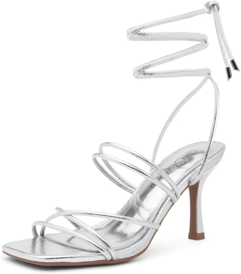 Shoe Land Women's Strappy Heels ?C Square Open Toe Lace-Up Heeled Sandals with Adjustable Ankle Wrap, Comfy 3-Inch Stiletto Dressy Evening High Heels for Wedding & Party