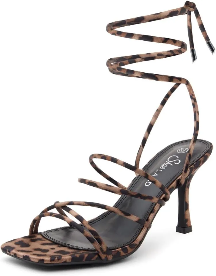 Shoe Land Women's Strappy Heels ?C Square Open Toe Lace-Up Heeled Sandals with Adjustable Ankle Wrap, Comfy 3-Inch Stiletto Dressy Evening High Heels for Wedding & Party