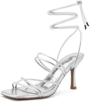 Shoe Land Women's Strappy Heels ?C Square Open Toe Lace-Up Heeled Sandals with Adjustable Ankle Wrap, Comfy 3-Inch Stiletto Dressy Evening High Heels for Wedding & Party