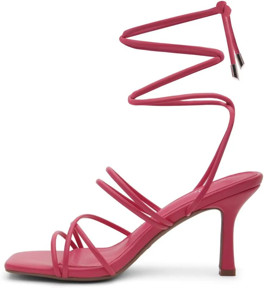 Shoe Land Women's Strappy Heels ?C Square Open Toe Lace-Up Heeled Sandals with Adjustable Ankle Wrap, Comfy 3-Inch Stiletto Dressy Evening High Heels for Wedding & Party