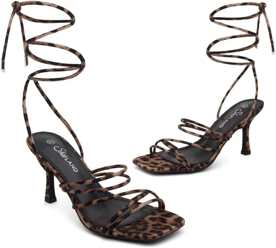 Shoe Land Women's Strappy Heels ?C Square Open Toe Lace-Up Heeled Sandals with Adjustable Ankle Wrap, Comfy 3-Inch Stiletto Dressy Evening High Heels for Wedding & Party