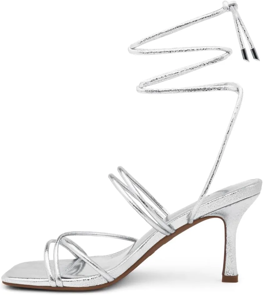 Shoe Land Women's Strappy Heels ?C Square Open Toe Lace-Up Heeled Sandals with Adjustable Ankle Wrap, Comfy 3-Inch Stiletto Dressy Evening High Heels for Wedding & Party