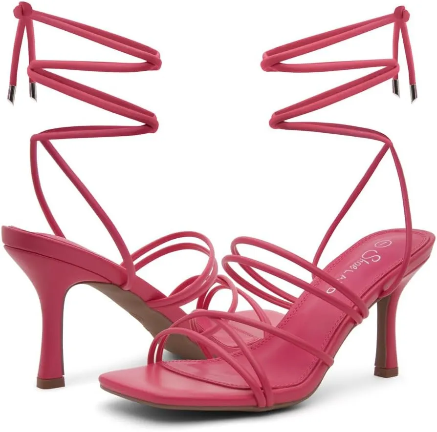 Shoe Land Women's Strappy Heels ?C Square Open Toe Lace-Up Heeled Sandals with Adjustable Ankle Wrap, Comfy 3-Inch Stiletto Dressy Evening High Heels for Wedding & Party