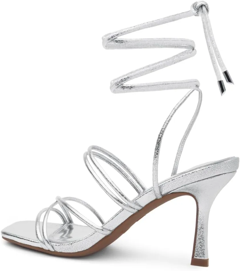 Shoe Land Women's Strappy Heels ?C Square Open Toe Lace-Up Heeled Sandals with Adjustable Ankle Wrap, Comfy 3-Inch Stiletto Dressy Evening High Heels for Wedding & Party