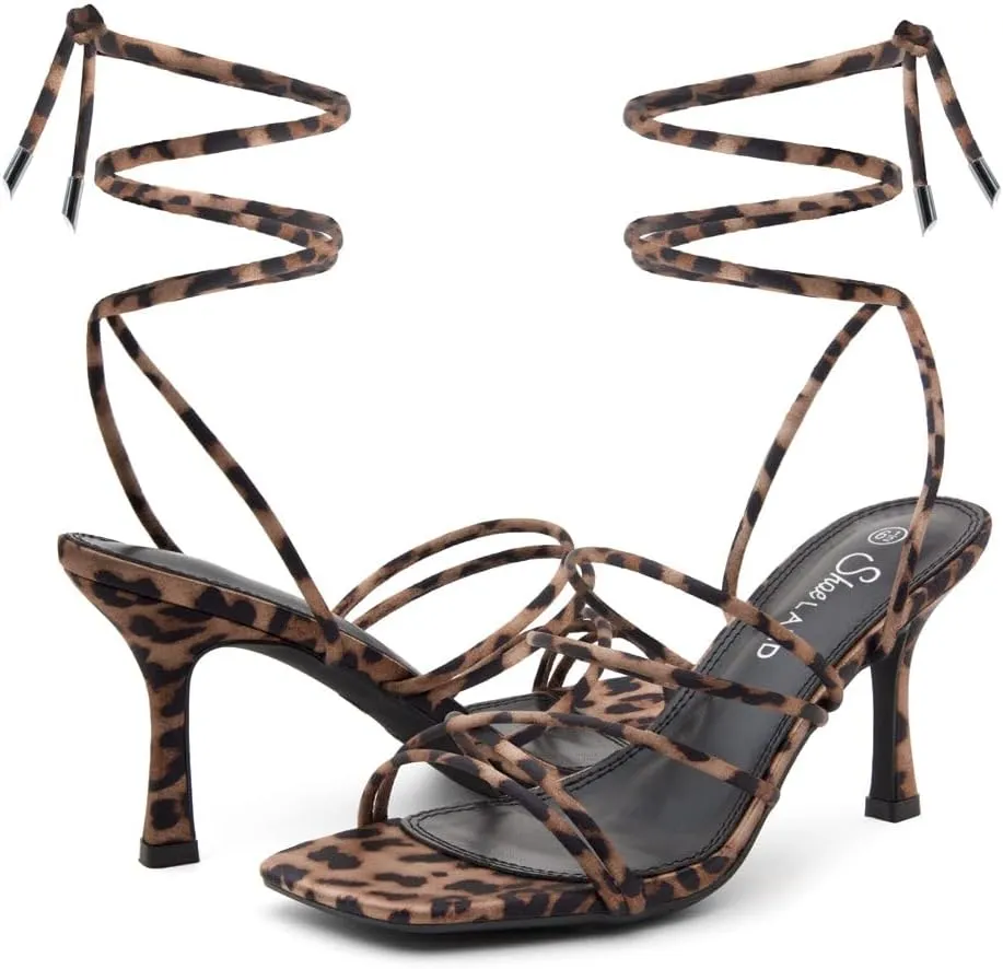 Shoe Land Women's Strappy Heels ?C Square Open Toe Lace-Up Heeled Sandals with Adjustable Ankle Wrap, Comfy 3-Inch Stiletto Dressy Evening High Heels for Wedding & Party