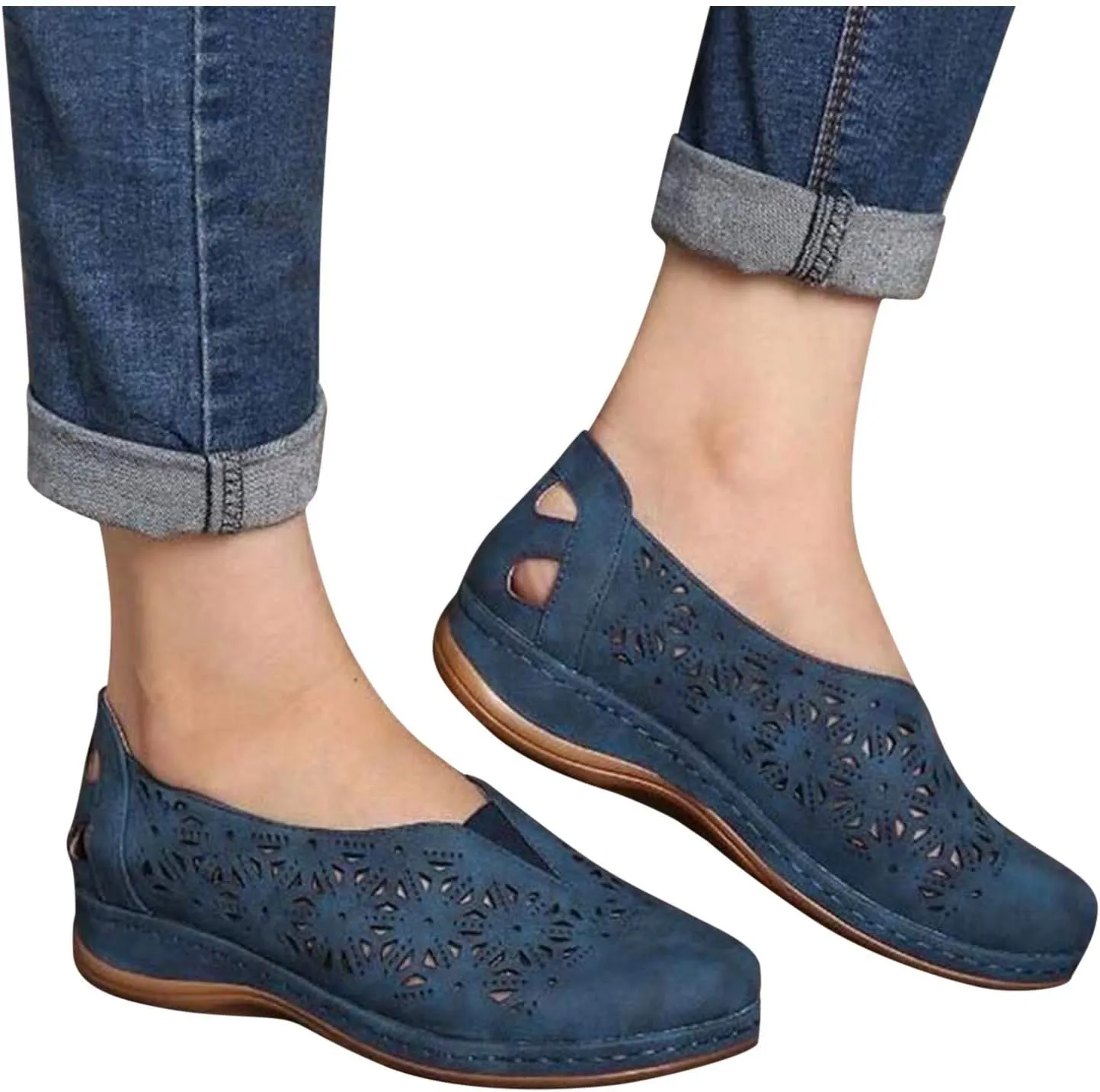 Summer Hollow Out Sandals for Women Casual Retro Flat Shoes Closed Toe Breathable Slip-On Beach Sandal
