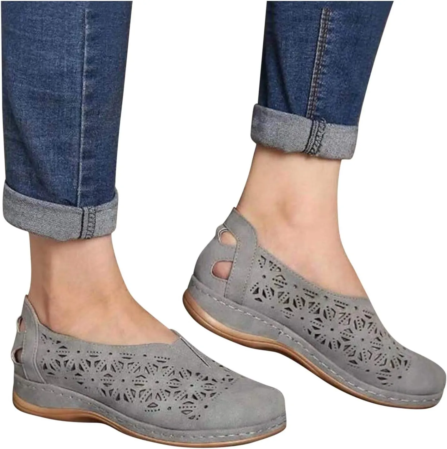 Summer Hollow Out Sandals for Women Casual Retro Flat Shoes Closed Toe Breathable Slip-On Beach Sandal