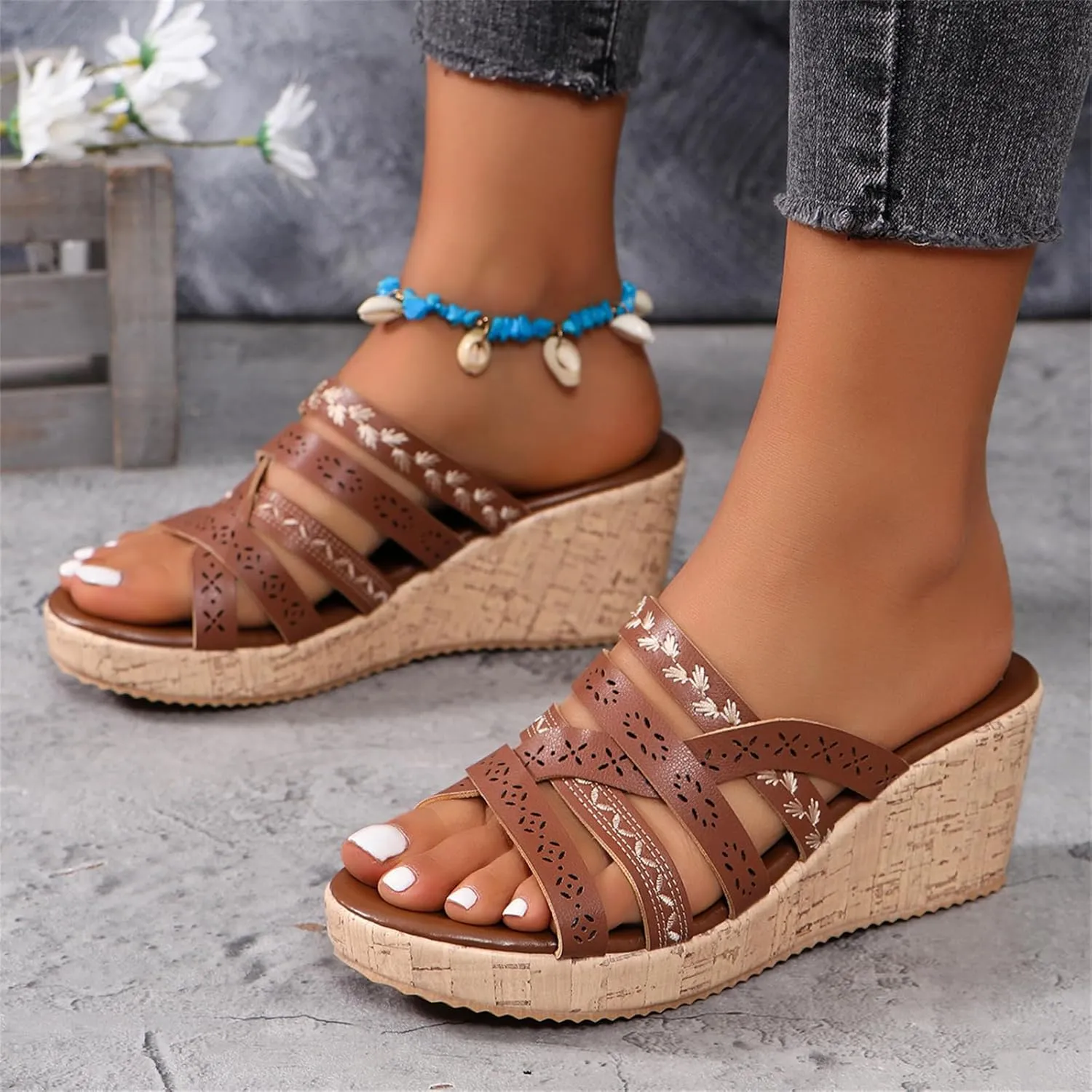 Summer Wedge Sandals for Women 2025 Arch Support Orthopedic Comfortable Platform Sandals Trendy Leather Slides Slippers Walking Outdoor Rubber Soles