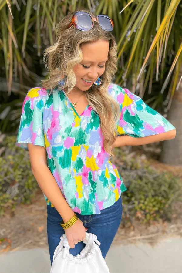 THML Spring Season Aqua Abstract Blouse